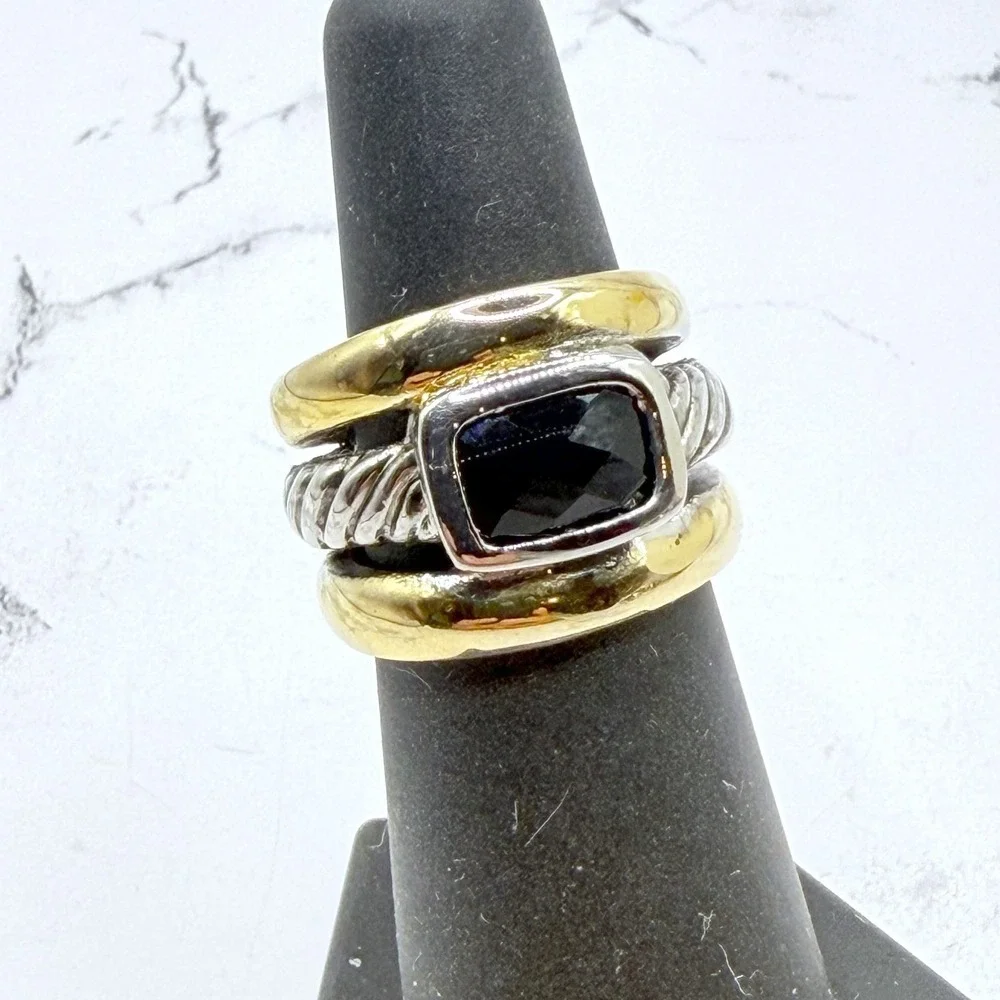 New Black Faceted Glass Stone Two Tone Ring Size 6 Unisex See‎ Video